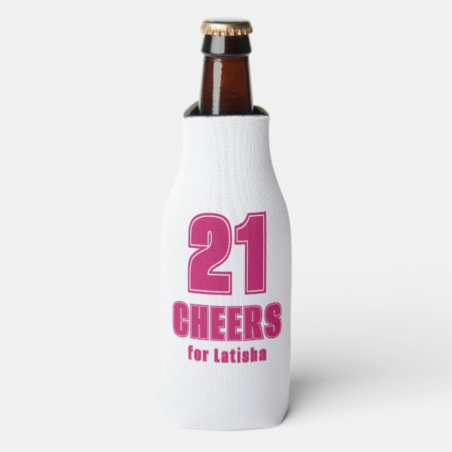 21 Cheers, Hot Pink University Style Birthday  Bottle Cooler (Bottle Front)