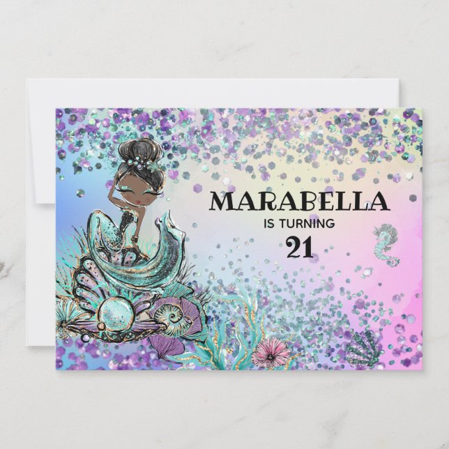 *~* 21 GLAM Rainbow Mermaid Birthday Party Invitation (Front)