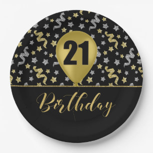 21 Gold Birthday Ballon on Black Gold Confetti Paper Plate