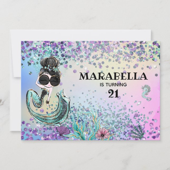 *~* 21 Luxe Rainbow Mermaid Glam Birthday Party Invitation (Front)