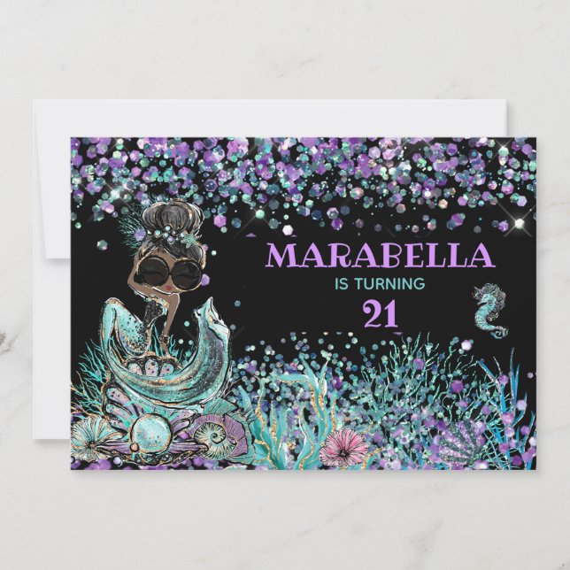*~*  21 Mermaid LUXE GLAM Under the Sea Birthday Invitation (Front)