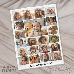 21 Photo Collage - Custom Text - Black and White Fleece Blanket