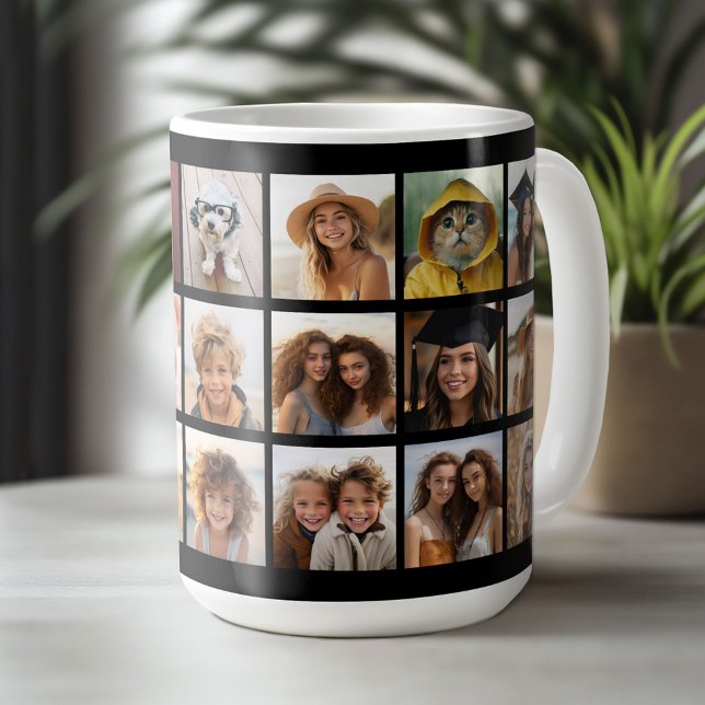 21 Photo Collage Grid - 2 Text boxes - black white Coffee Mug (Custom Photo Mug)