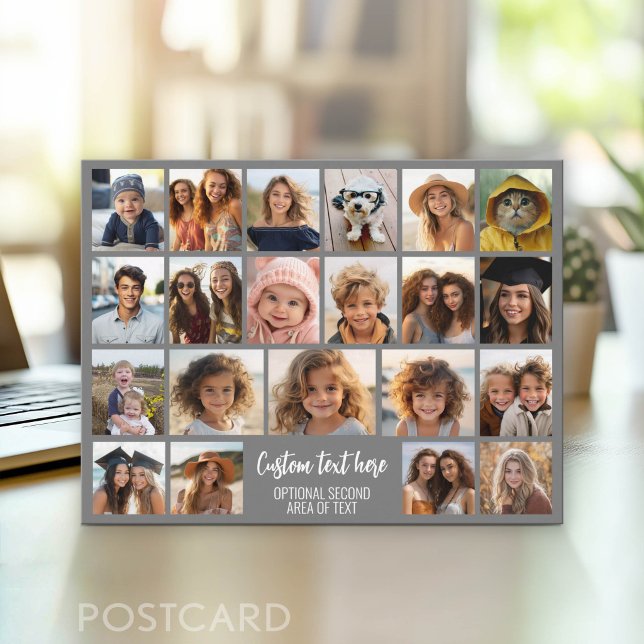 21 Photo Collage Grid - 2 Text boxes - grey white Postcard (Photo Postcard - Customize with your favorite photos)