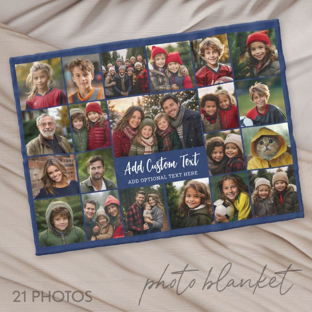21 Photo Collage Grid with 2 text boxes -  Fleece Blanket (Photo Blanket - Customize with your favorite pictures)