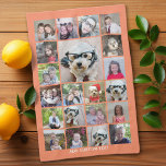 21 Photo Collage - Grid with extra Text - coral Tea Towel<br><div class="desc">A design with a basic background. Use up to twenty-one square photos to create a unique and personal gift. a fun grid with an area to add text. If you need to adjust the pictures,  click on the customise tool to make changes.</div>