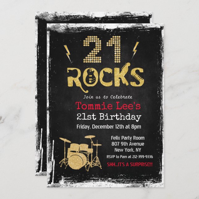 21 Rocks Rockstar Guitar 21st Birthday Invitation (Front/Back)