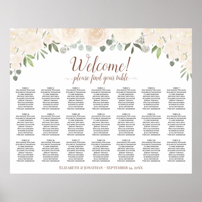 21 Table Blush Peach Roses Wedding Seating Chart (Front)