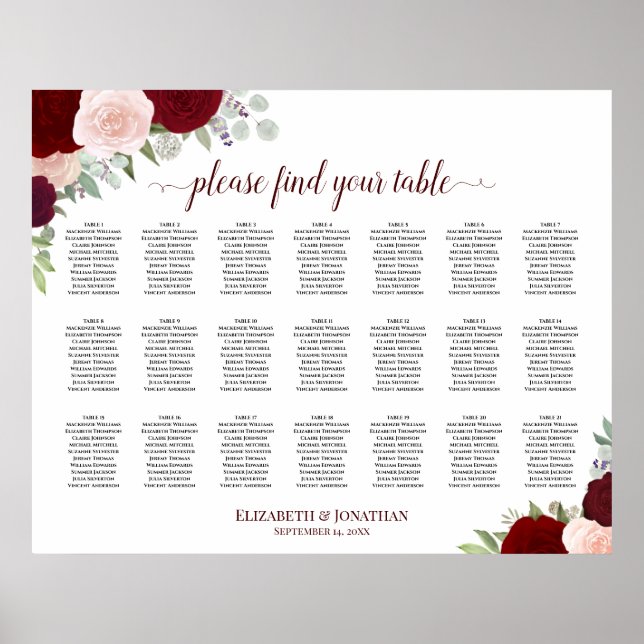 21 Table Burgundy Blush Boho Floral Seating Chart (Front)