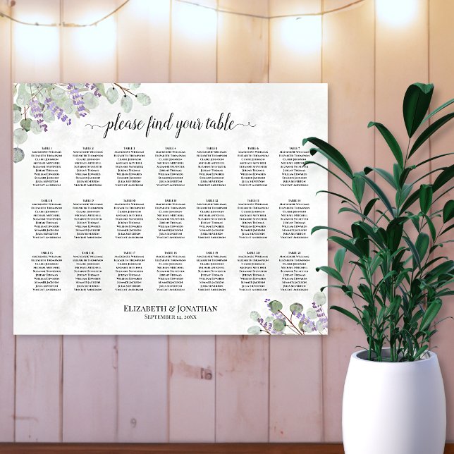 21 Table Eucalyptus Lavender Wedding Seating Chart (In Situ on Wall)