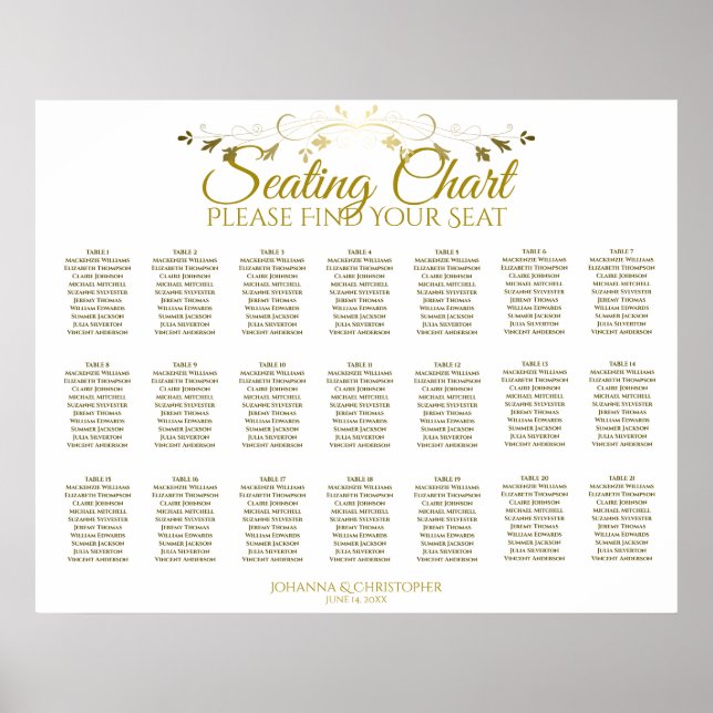 21 Table Gold Flourish Wedding Seating Chart (Front)