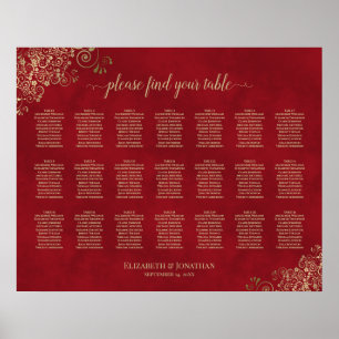 21 Table Gold Frills on Red Wedding Seating Chart