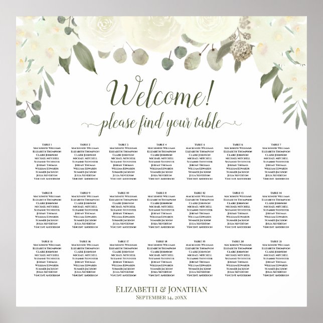 21 Table Ivory White Roses Wedding Seating Chart (Front)