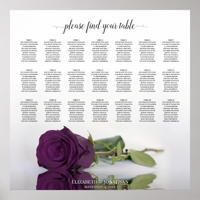21 Table Plum Purple Rose Wedding Seating Chart (Front)