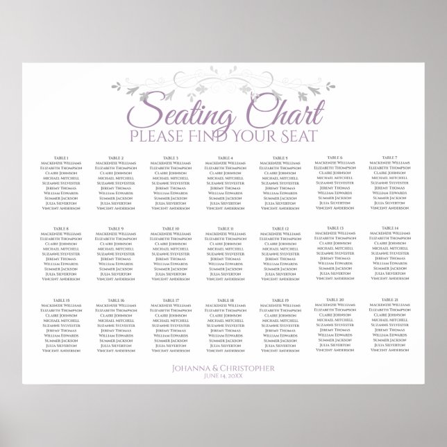 21 Table Purple & Grey Wedding Seating Chart (Front)