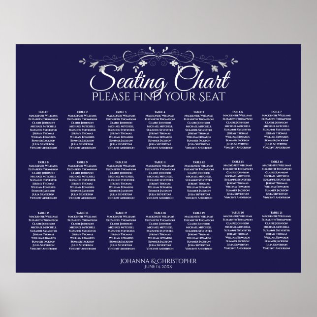 21 Table Simple Navy Blue Wedding Seating Chart (Front)