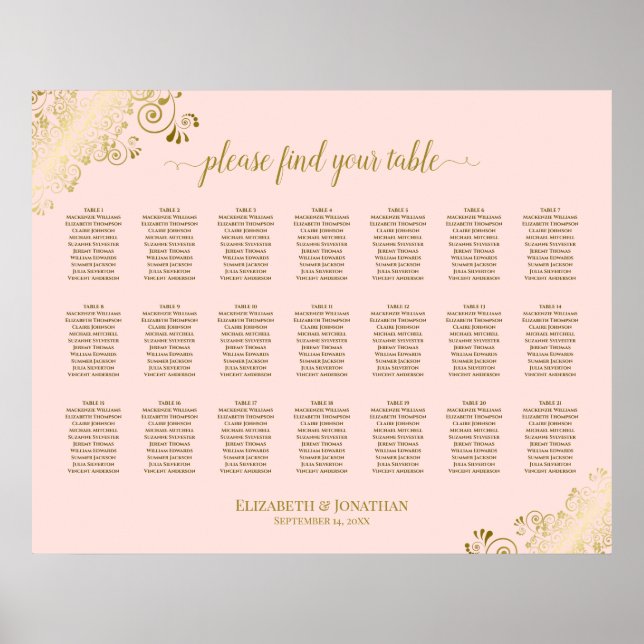 21 Table Wedding Seating Chart Blush Pink & Gold (Front)