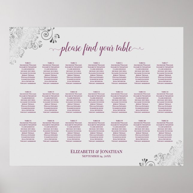 21 Table Wedding Seating Chart Cassis on Grey (Front)