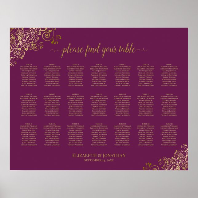 21 Table Wedding Seating Chart Cassis Purple Gold (Front)