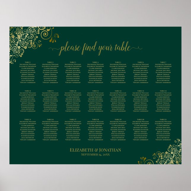 21 Table Wedding Seating Chart Emerald Green Gold (Front)