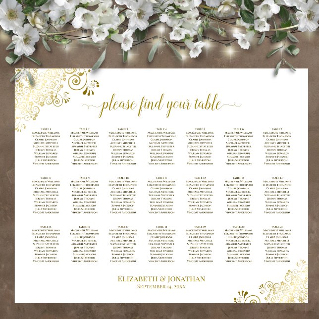 21 Table Wedding Seating Chart White & Gold Frills (In Situ on Wall with Decor)