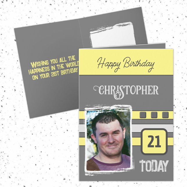 21 today add photo for him grey yellow birthday card (Creator Uploaded)