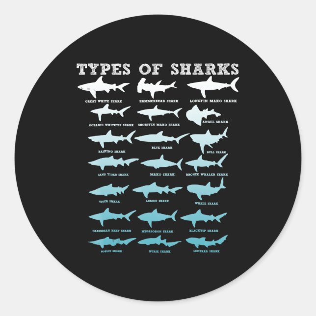 21 types of sharks marine biology classic round sticker (Front)