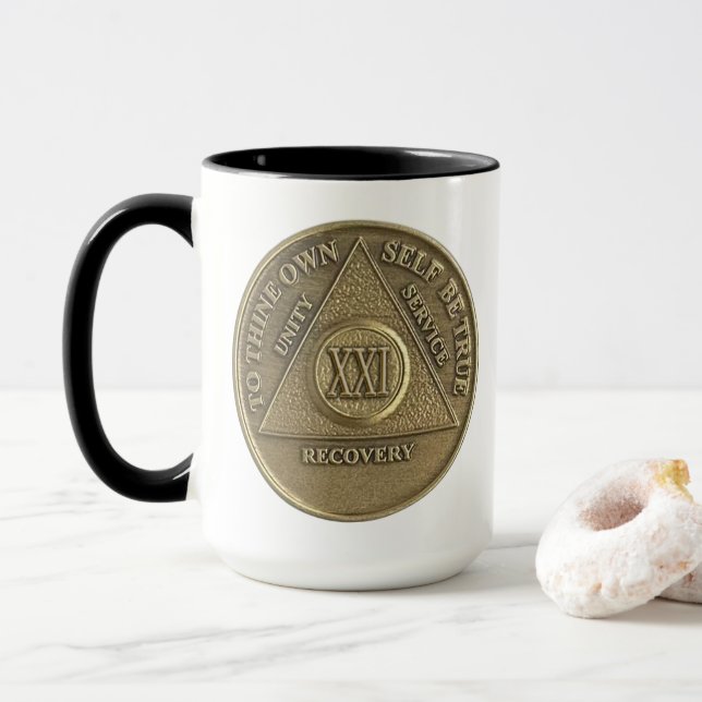 21 Year CUSTOM NAME Sober Coin Anniversary Mug (With Donut)