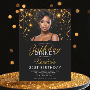 21s Birthday Dinner Gold Black Photo Instagram  Invitation
