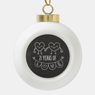 21st Anniversary Gift Chalk Hearts Ceramic Ball Christmas Ornament