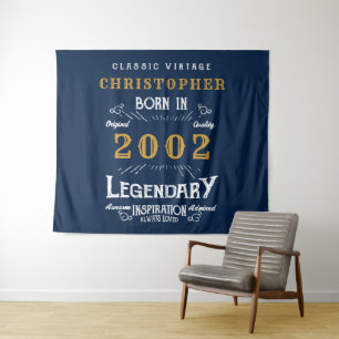 21st Birthday 2002 Add Name Legend Blue Gold Retro Tapestry