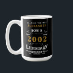 21st Birthday 2002 Add Your Name Legendary Coffee Coffee Mug<br><div class="desc">For those born in 2002 and celebrating their birthday we have the ideal birthday mug. The black background with a white and gold design is simple and yet elegant with a retro feel. Easily customise the text using the template provided. More gifts and party supplies available with the "Legendary" design...</div>