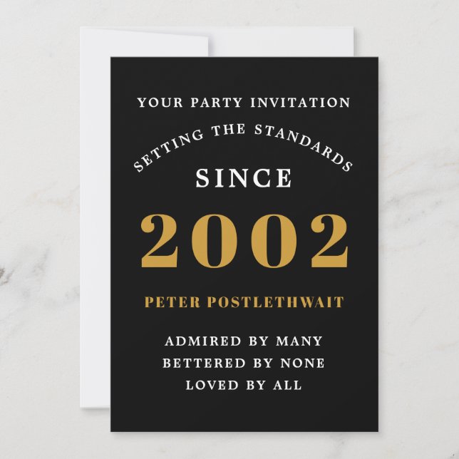 21st Birthday 2002 Black Gold Add Name Year Invitation (Front)