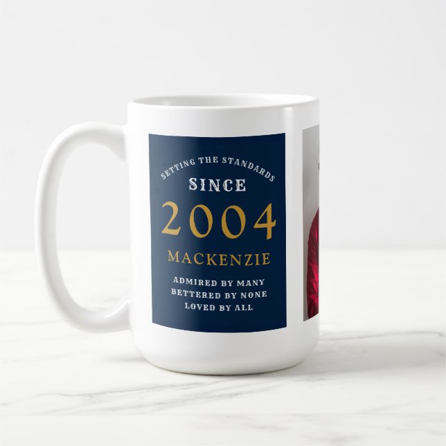 21st Birthday 2004 Blue Gold Add Name Photo Large Coffee Mug (Left)