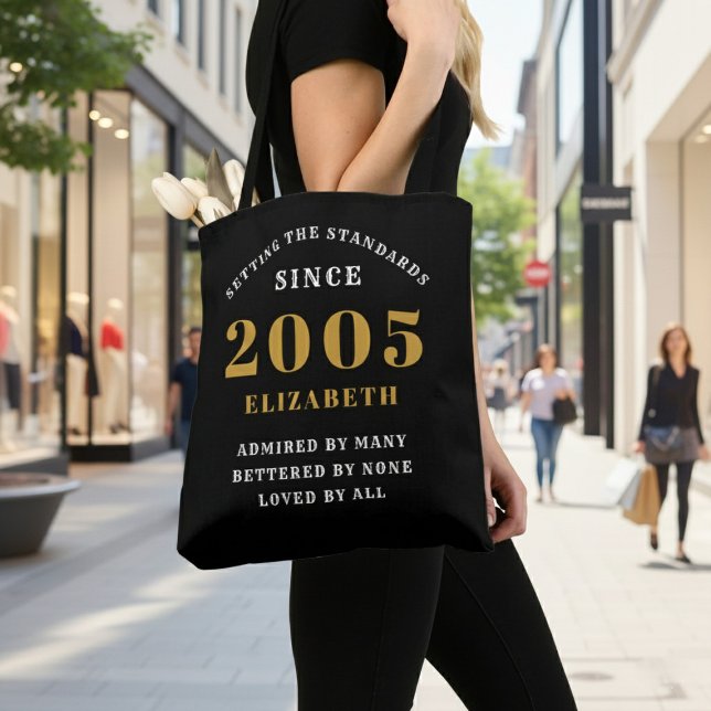 21st Birthday 2005 Black Gold For Her Personalized Tote Bag (Born 2005 birthday tote bag. Background out of focus.)