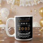 21st Birthday 2005 Legendary Retro Coffee Mug<br><div class="desc">For those born in 2005 and celebrating their 21st birthday we have the ideal birthday coffee mug. The black background with a white and gold vintage typography design design is simple and yet elegant with a retro feel. Easily customize the text of this birthday gift using the template provided. More...</div>