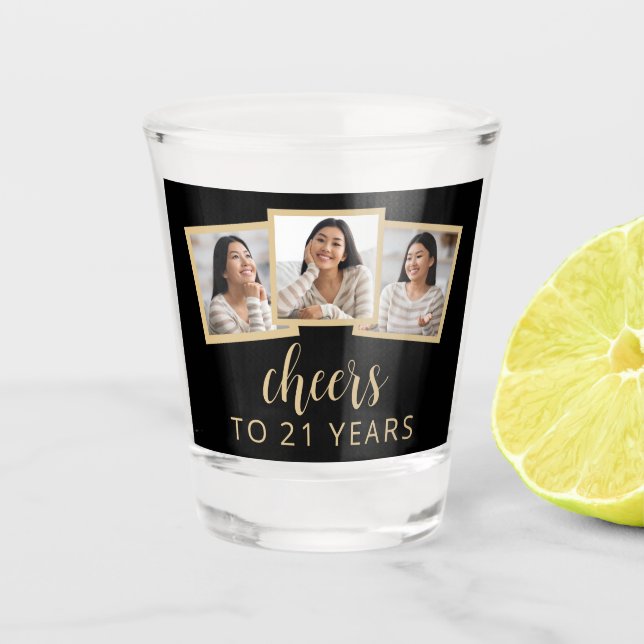 21st Birthday 3-Photo Black Gold Script Cheers Shot Glass (Front)