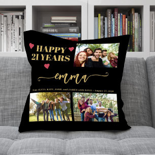 21st birthday 3 photo collage name script modern cushion