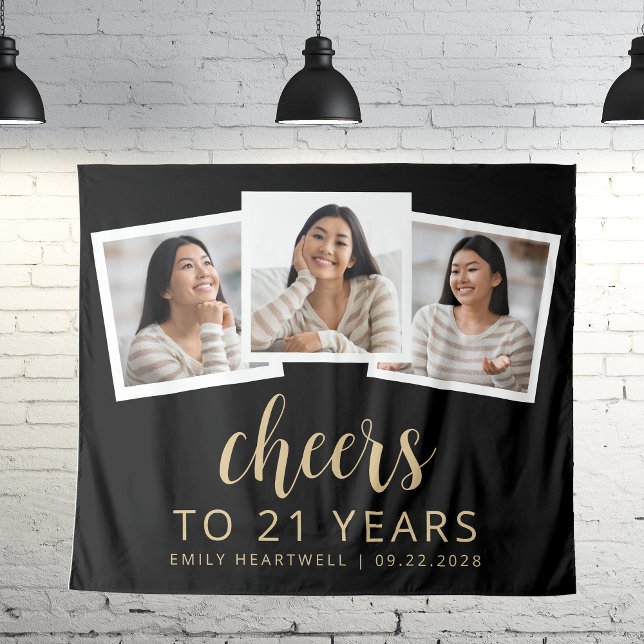 21st Birthday 3-Photo Gold Script Cheers Black Tapestry (Creator Uploaded)
