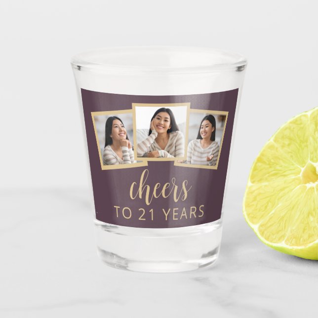 21st Birthday 3-Photo Mauve Purple Script Cheers Shot Glass (Front)