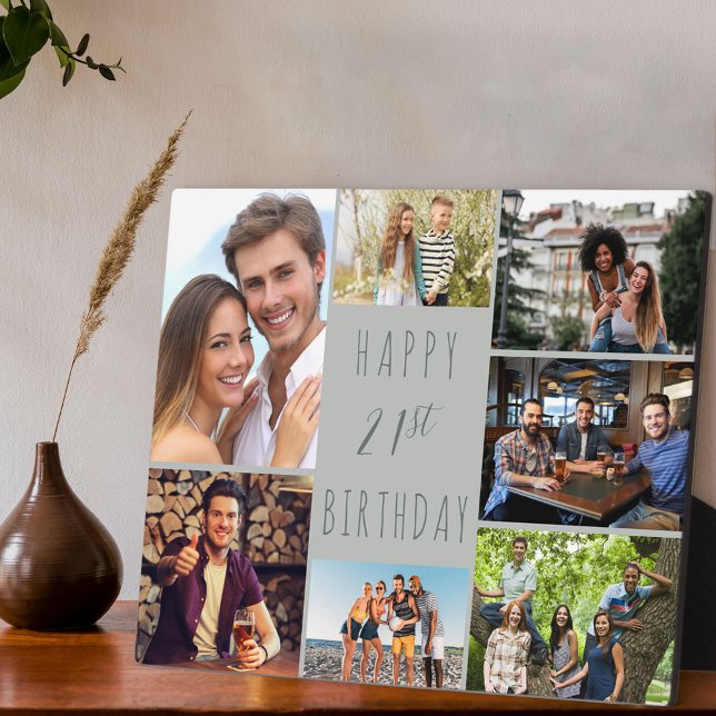21st Birthday 7 Photo Collage Neutral Dove Gray Plaque (Creator Uploaded)