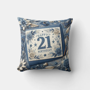 21st Birthday Almond blossom blue-cream  Cushion