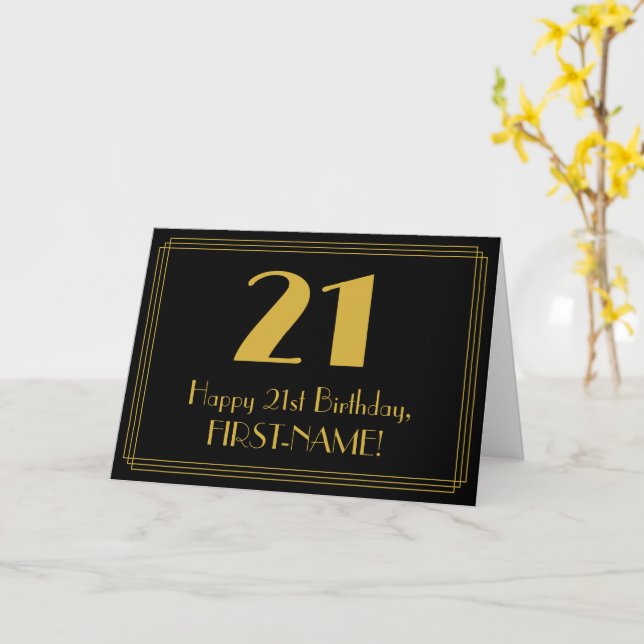 21st Birthday: Art Deco Inspired Look "21" + Name Card (Yellow Flower)