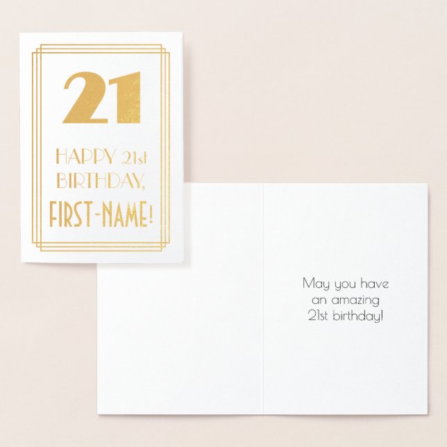 21st Birthday: Art Deco Inspired Look "21" & Name Foil Card (Display)