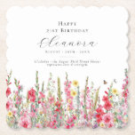 21st Birthday August Birth Month Flower Custom Paper Coaster<br><div class="desc">Perfect table decor for an August birthday party. Pink gladiolus is the birth flower for that month. It forms a pretty watercolor bottom border on this floral personalised coaster. The birthday guest of honour's name, age and birthdate are placed above it using elegant calligraphy and typography. All text is editable....</div>