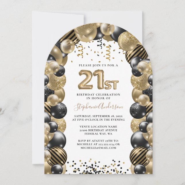 21st Birthday Balloon Gold Black Sparkle Invitation (Front)