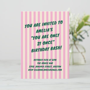 21st Birthday Bash Pink Green Retro Stripes Party Invitation