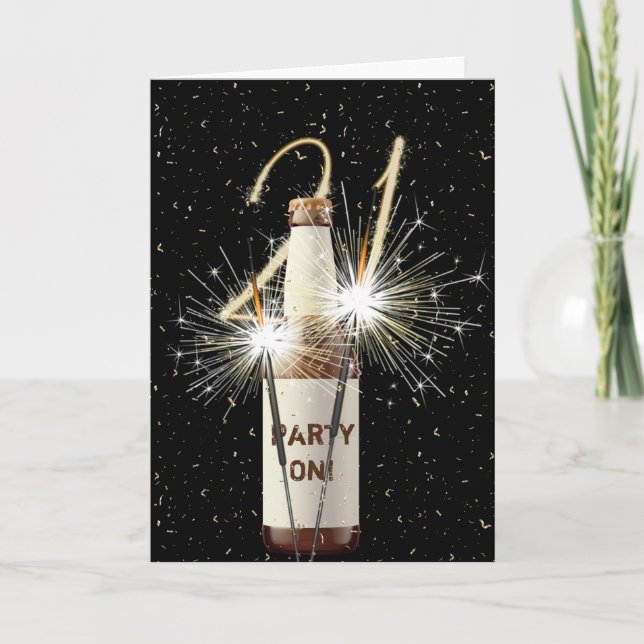 21st birthday beer and sparkler on black card (Front)