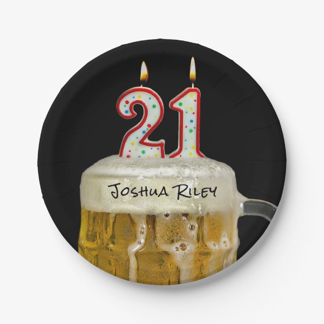 21st birthday beer with candle paper plate (Front)