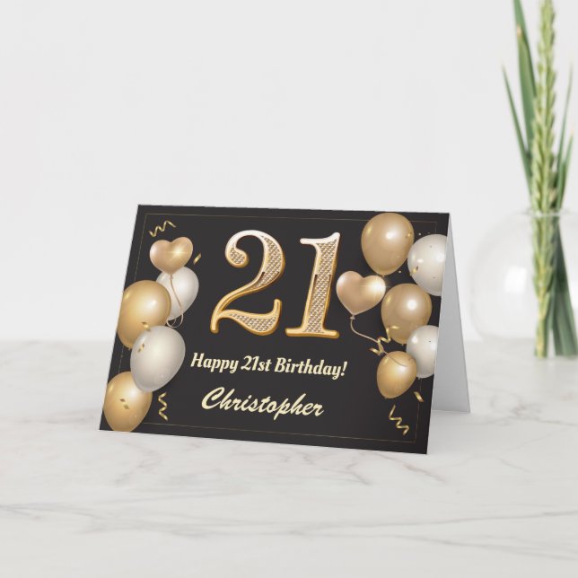 21st Birthday Black and Gold Balloons Birthday Card (Front)